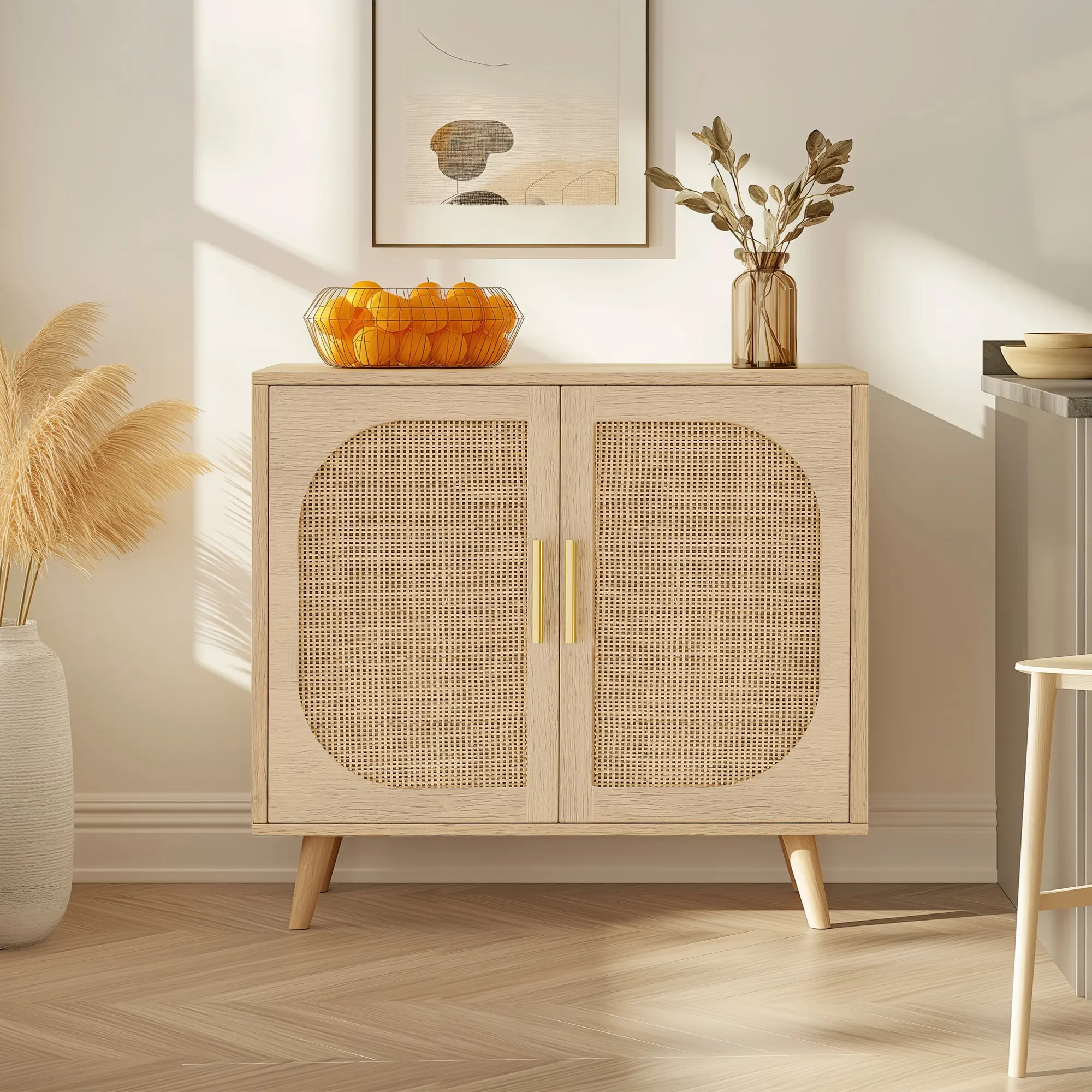 Buffet Cabinet with Storage, Accent Bathroom Floor Cabinet,with Two Doors and 4 compartments forStorage,Cabinet with Solid Wood Feet,Sideboard Cabinet for Hallway, Entry, Living Room