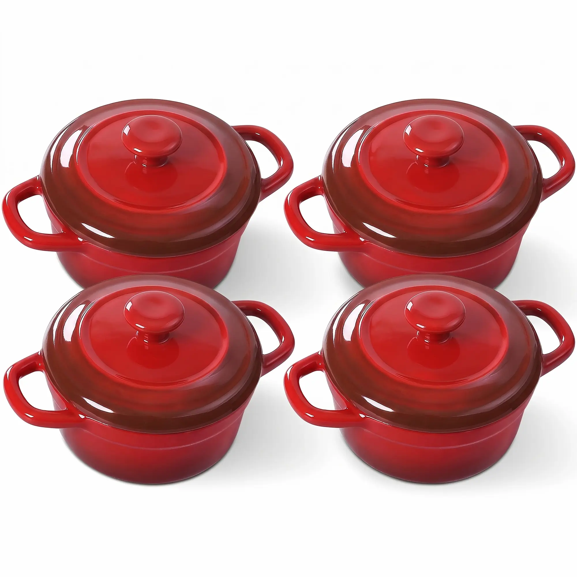 Set of 4 Mini Cocotte - 12Oz Ceramic Casserole Dishes - Kitchen Casserole Sets Featuring Handles And Lids - Small Baking Ramekins - Safe for Oven, Microwave & Dishwasher - Red