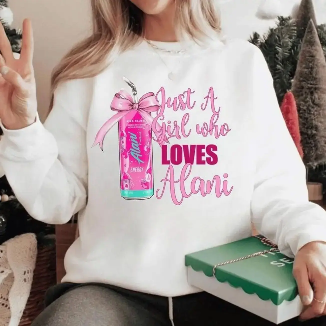 Just A Girl Who Loves Alani Sweatshirt – Cute Pink Alani Nu Energy Drink Graphic Sweater, Gym Girl Clean Aesthetic Outfit