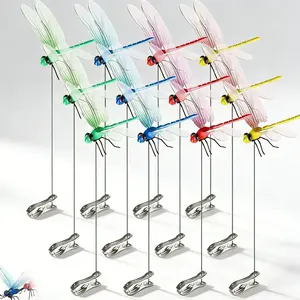 2026 New 12 Counts Outdoor Fake Dragonfly Rod Clip, Garden Metal Dragonfly Clip. Natural Organic Concept, 3D Dragonfly Garden Decoration, Garden Bird and Fly Interfere Devices for Indoor and Outdoor Garden,Creative Home Accessories Decorative Design Gift