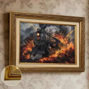 1Count Vintage Framed Painting, Burning Steam Train In Fire Artwork, Nordic Style, Retro Poster Art, Valentine'S Day Gift, For Living Room, Bedroom, Office Decor, Print Canvas Artwork