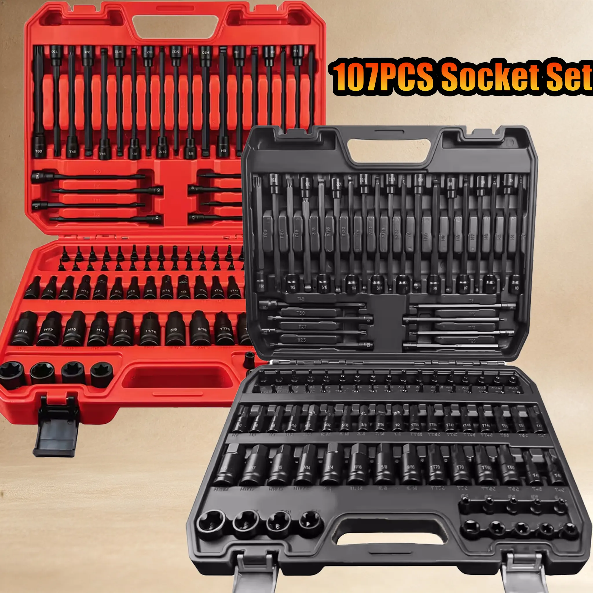 107pcs Hex Allen & Bit Socket Set, 1/4"-3/8"-1/2" Drive, Extra Long Security Torx, Ball End Hex, SAE-Metric Sockets, S2 Hand Tool Set (Red & Black) | Sold by Star Store (4.7 Stars, 187 Sold)