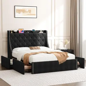 Queen Bed Frame with 4 Storage Drawers and Wing Back Headboard,Charging Station,Diamond Cluster Design,No Spring Box,Black