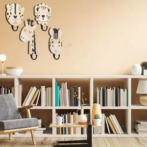 Set of 4 Safari Animal Wall Hooks Decorative Coat Wall Mounted Hooks Wooden Lion, Giraffe, Zebra Hanger for Nursery Bedroom Home Decor