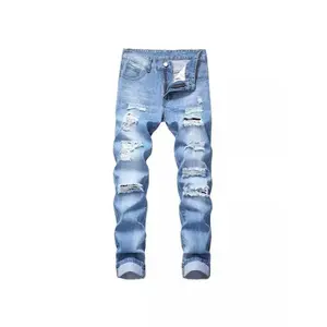 Men's ripped straight slim non-stretch jeans are mostly torn men's jeans