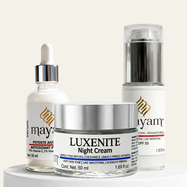 Mayam Beauty Radiant Glow Set - Anti-Dark Spot Skincare Bundle with LumiGlow Day Cream SPF 50, C+E FeruGlow Serum, & Luxenite Night Cream | Made in Mexico - White