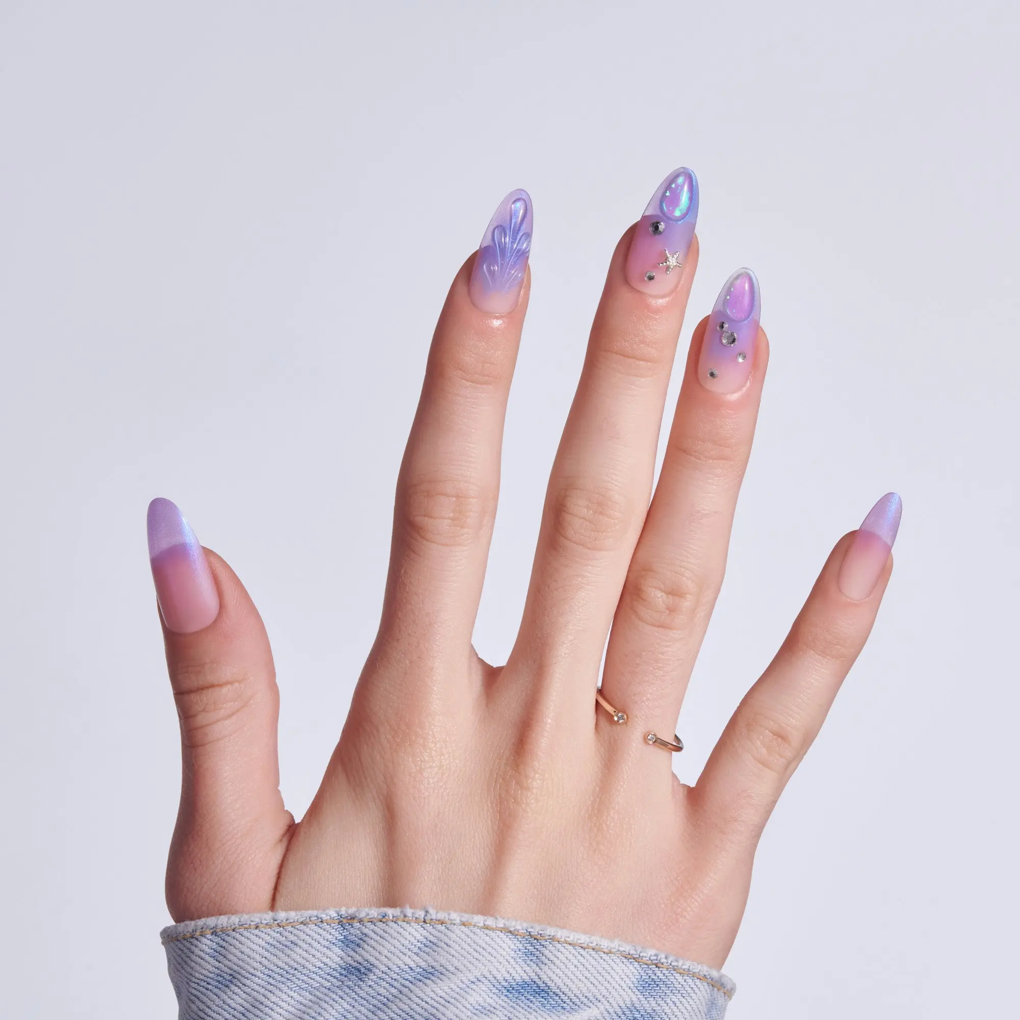 Kiss Luxe Press On Fake Glue Nails - Jasmine Skies | 3D & Jewel Design, Purple, Long, Almond