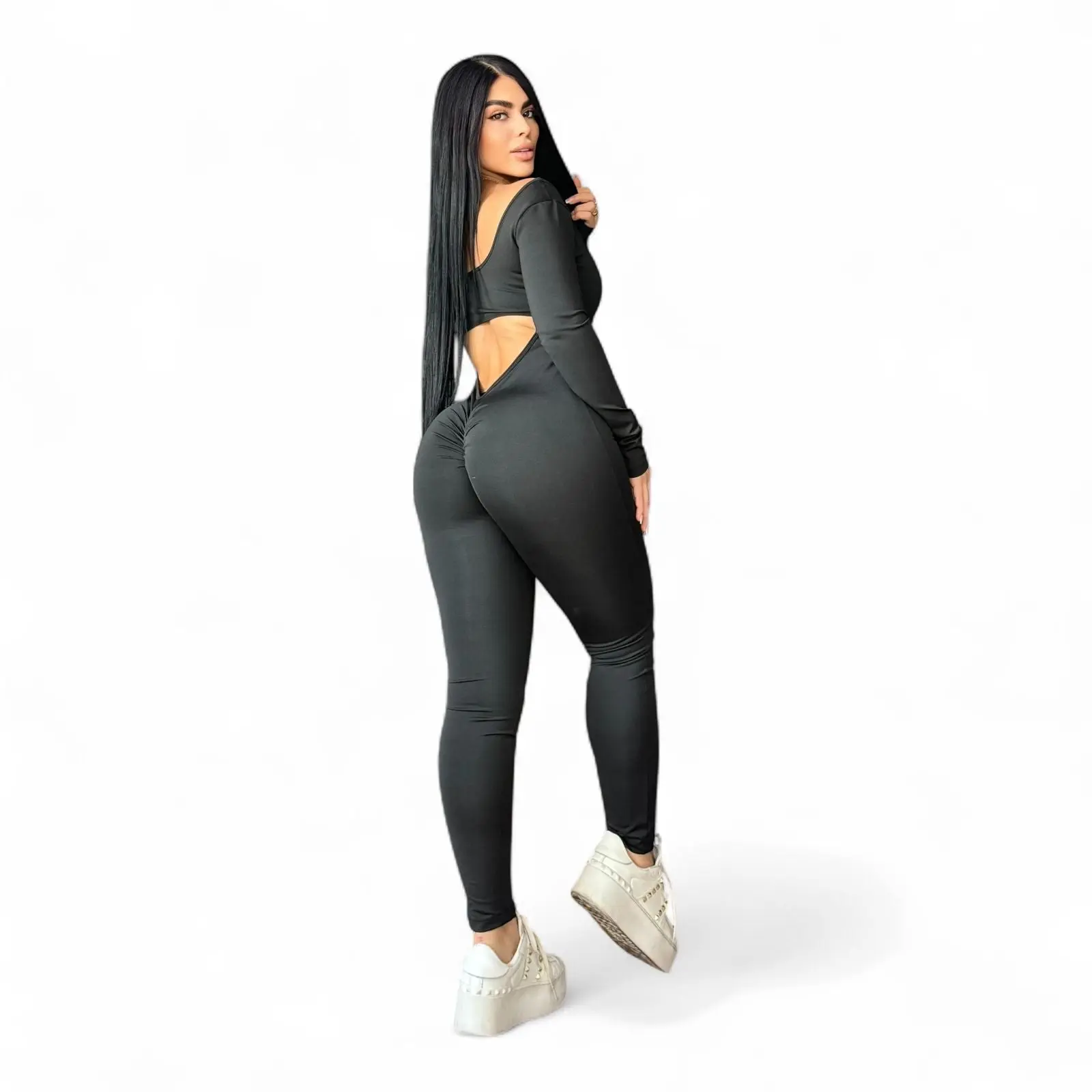 GXQIL Women's Long Sleeve Push Up Bodycon Jumpsuit in Suplex Fabric, Basic and Breathable for Sports, Plain