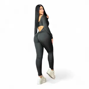 Suplex Black Push Up Long Sleeve Jumpsuit for Women - Breathable Stretchy Fabric - Above the Ankle Hem - Classic Elegant Style - All Seasons Wear Casual Elegance Overalls