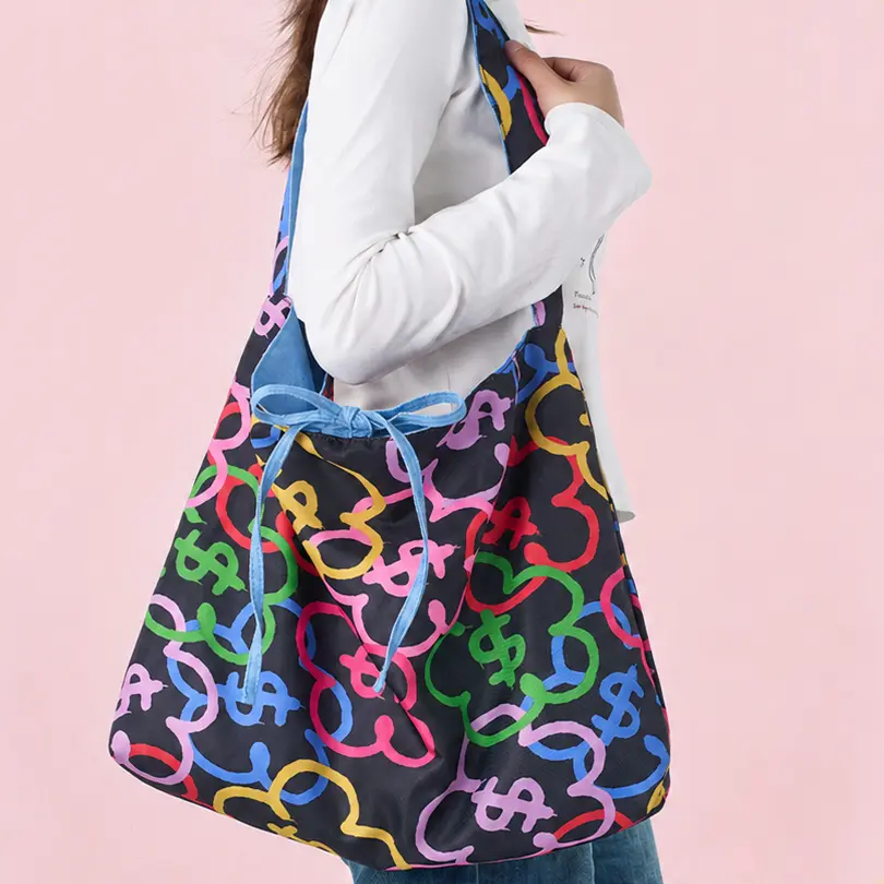 [Back to school]MINISO Women's Reversible Denim Tote Bag - Lightweight, Basic Street Style, Shoulder Purse with Shoulder Strap for Back to School Haul, Holiday Use, Casual, Double-Sided, Streetwear, Retro, Everyday Carry, Fashionable Bags，Back To School