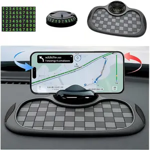Multifunction Car Anti Slip Mat, 360° Rotatable Phone Holder Dashboard Pad with Temporary Parking Number, Anti Skid Organizer  (Black-Gray Checkered Pattern)