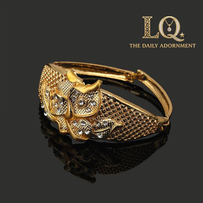 LQ 4-Piece Gold Butterfly Crystal Jewelry Set - Twisted Mesh Statement Necklace, Bracelet, Earrings & Ring - 18K Gold Plated Floral Gift for Weddings & Mother's Day