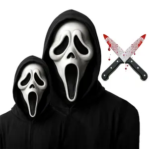 2 Pack Screamer Ghost Hooded Latex Masks + 2 Red Splash Plastic Knife Props | Scary Halloween Duo Set | Horror Costume Bundle for Friends or Couples | Killer Cosplay Mask & Knife Set | Party Prank Props | Halloween 2025 Must-Have