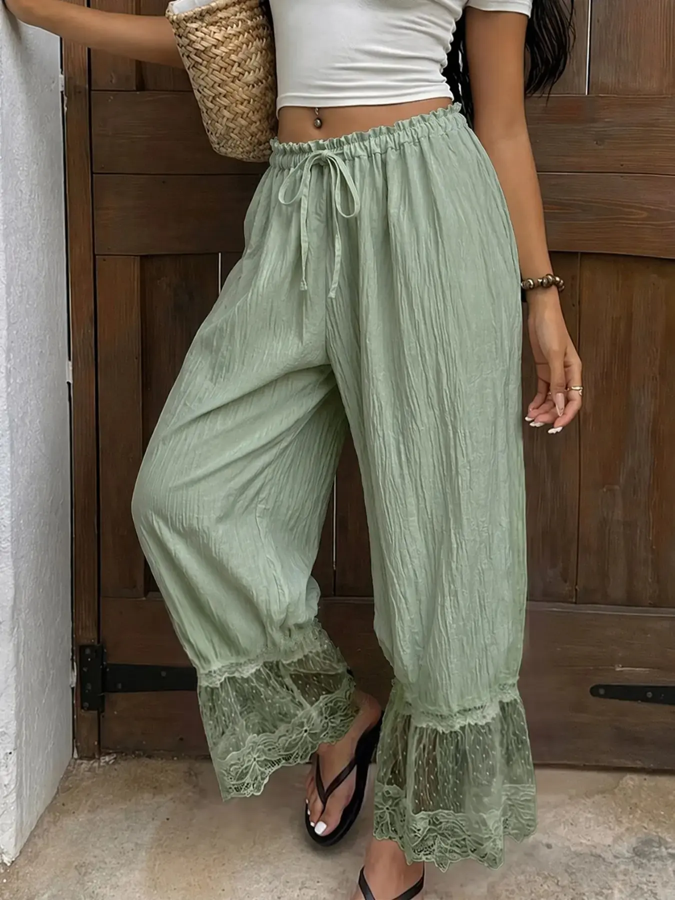Women's Boho High Waisted Wide Leg Pants, Matcha Green Crinkle Drawstring Flowy Trousers with Lace Trim Ruffle Hem, Casual Summer Vacation Beach Lounge Wear