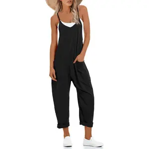 Women’s Casual Jumpsuit, V-Neck, Sleeveless Harem Workwear, Elastic Adjustable Waist, Pockets – GARMENTARY