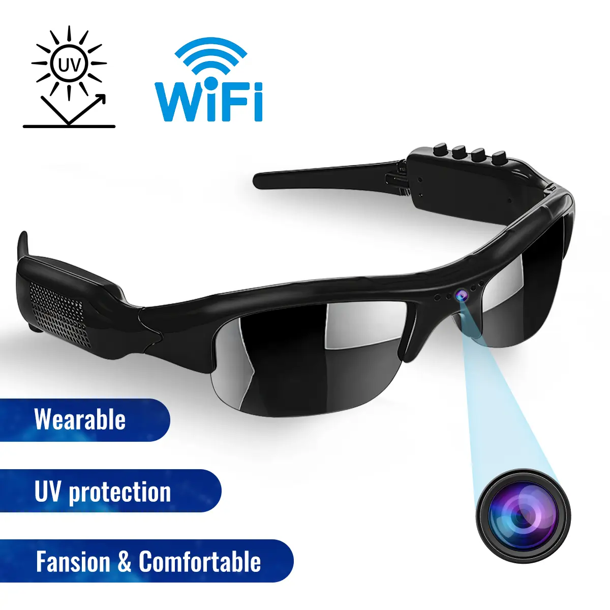 Smart Camera Glasses, Glasses That Record, HD Video Recording Sunglasses, Sunglasses with Cameras, Hands-Free Wearable for Cycling Skiing Outdoor Sports, WiFi Connect, Fashion UV Protection Eyewear, Gift for Men