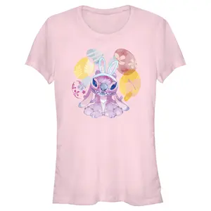 Junior's Women Lilo & Stitch Easter Angel Watercolor Eggs T-Shirt
