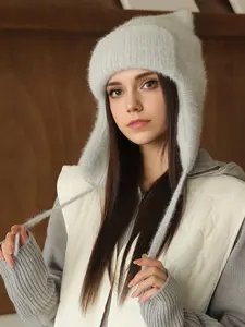 Women's Solid Color Wool Knitted Hat, Casual Cat Ear Knitted Hat with Cold and Ear Protection, Warm Wool Headband Hat for Fall & Winter