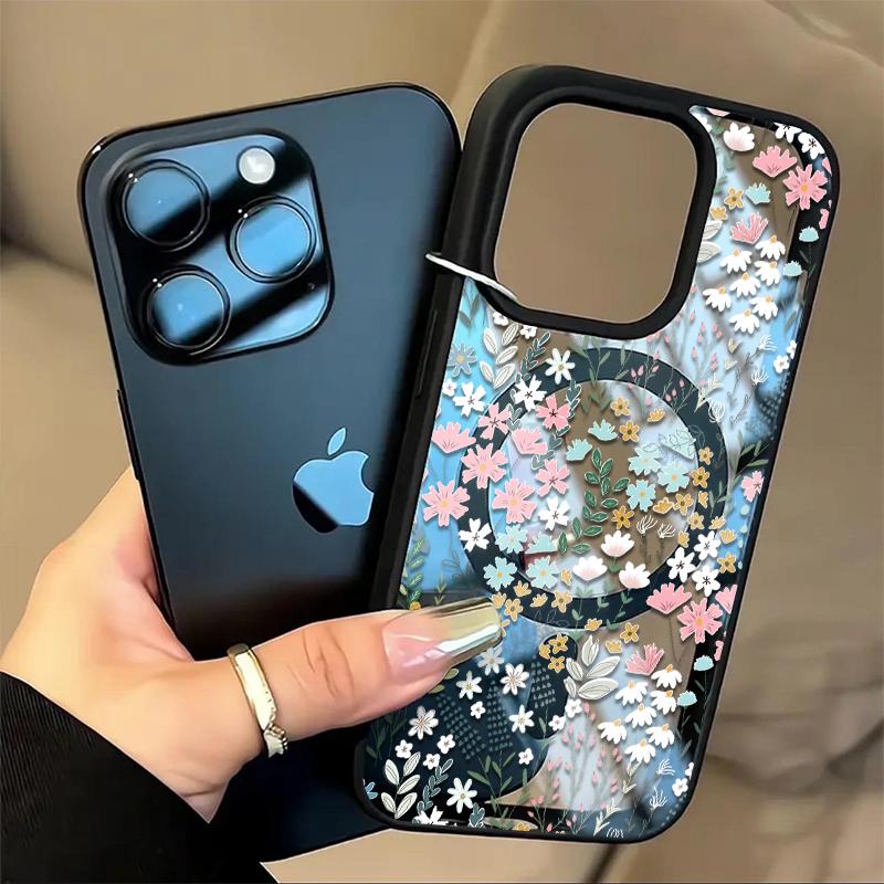 Chic Botanical Graphic Phone Case Hand-Drawn Style Pink, Blue & Yellow Wildflowers Paired With Lush Greenery Featuring Built-In Strong Magnet Ring Blending Smooth Macaron Texture With Secure Magsafe Compatibility For iPhone 17 16 15 14 13 12 11 X XS