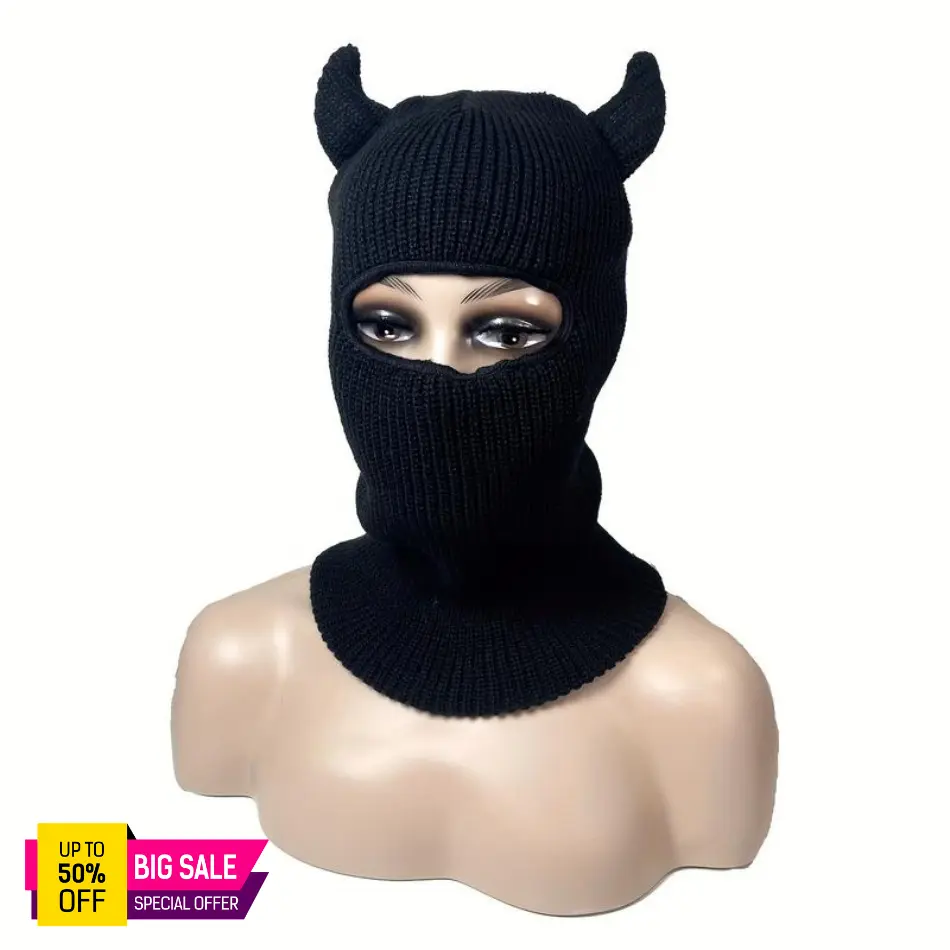 Solid Color Knitted Cotton Balaclava with Horns, Hip Hop Style Full Coverage Ski Mask for Adults, Windproof Thermal Wear for Winter Sports & Halloween, Knitted Balaclava, Anti-Odour