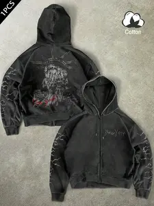 Men's Loose Fit Zipper Hoodie, High-Quality Washed Cotton Fabric, New York Slogan & Lightning Detail, Statue of Liberty Print, Casual Fitted Sweatshirt