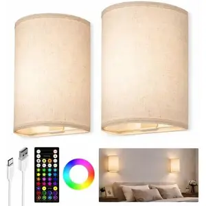 Battery Operated Wall Sconce, Rechargeable Wall Sconces Set of Two with Remote, 3 Color & 80 RGB Wireless Wall Lights, Dimmable, Timer, Fabric Linen Shade Wall Decor for Bedroom, Living Room