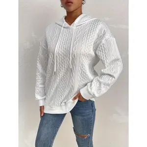 Women's Casual Royal Blue Cable Knit Hoodie - Cozy Long Sleeve Pullover with Geometric Pattern, Perfect for Fall/Winter, Sweater Hoodie