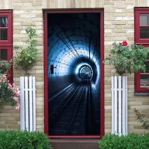2 Futuristic Technology Tunnel Wall Sticker Stereoscopic Visual Extension Space Decoration Mural Subway Station Track Scene Self Adhesive Wallpaper Creative Background Wall Art for Living Room Bedroom En
