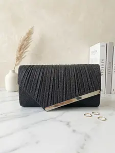 Elegant Glitter Pleated Envelope Clutch Bag, Metal Trim, Shiny Evening Handbag for Women, Party, Wedding, Formal Occasions