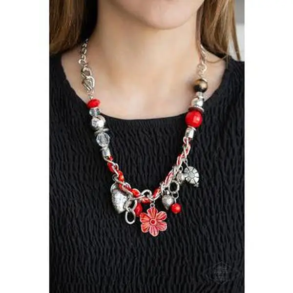 Female Charmed Daily Casual Costume Jewelry Set - Sabbatical Red, Ivory Beading Design, Bible Verse Accent, Silver Chain, Hook Earrings, Adjustable Clasp Closure