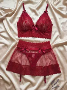3-Piece Women's Sexy Red cute Lace Lingerie Set , Washable, Sheer Nylon Material; Features a Front-Closure Design and Sexy Styling. Suitable for Lounging at Home, Private Parties, Christmas, and Other Occasions， intimate night wear floral Lace