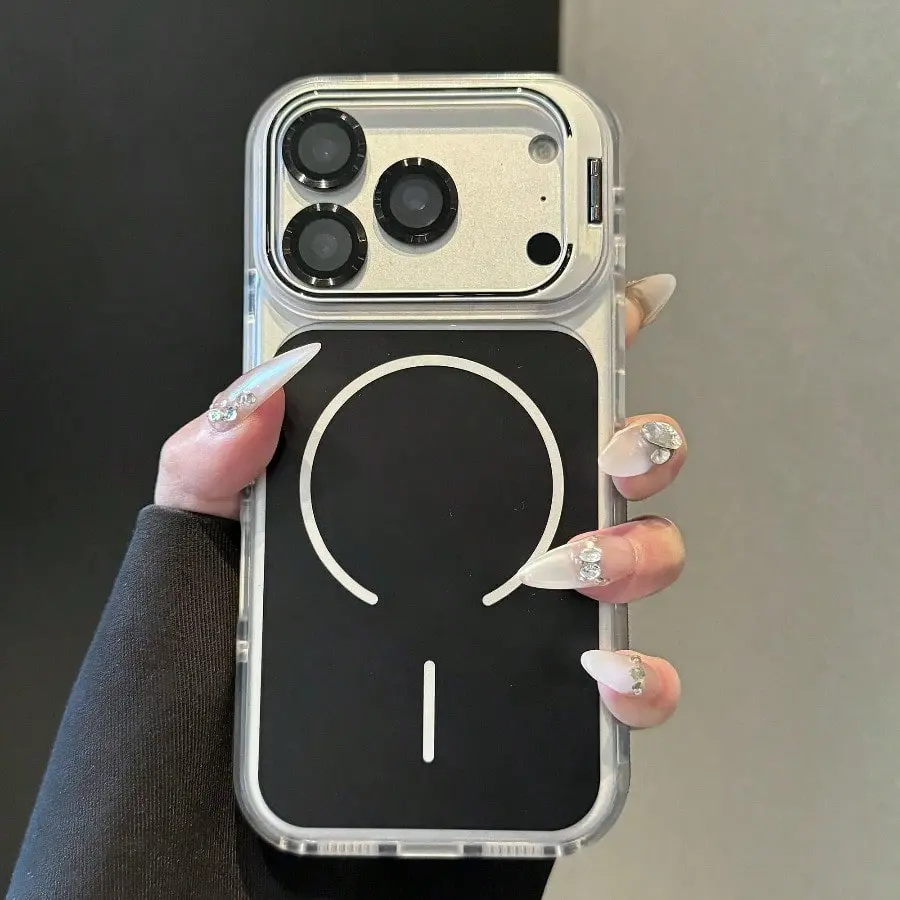 Compatible with iPhone 17 Pro Max, 16, 15, 14, 13, and 12 Pro Max series.A stylish and classic lens adjustment bracket phone case that supports wireless charging.Featuring an exquisite and distinctive design with multiple color options available.