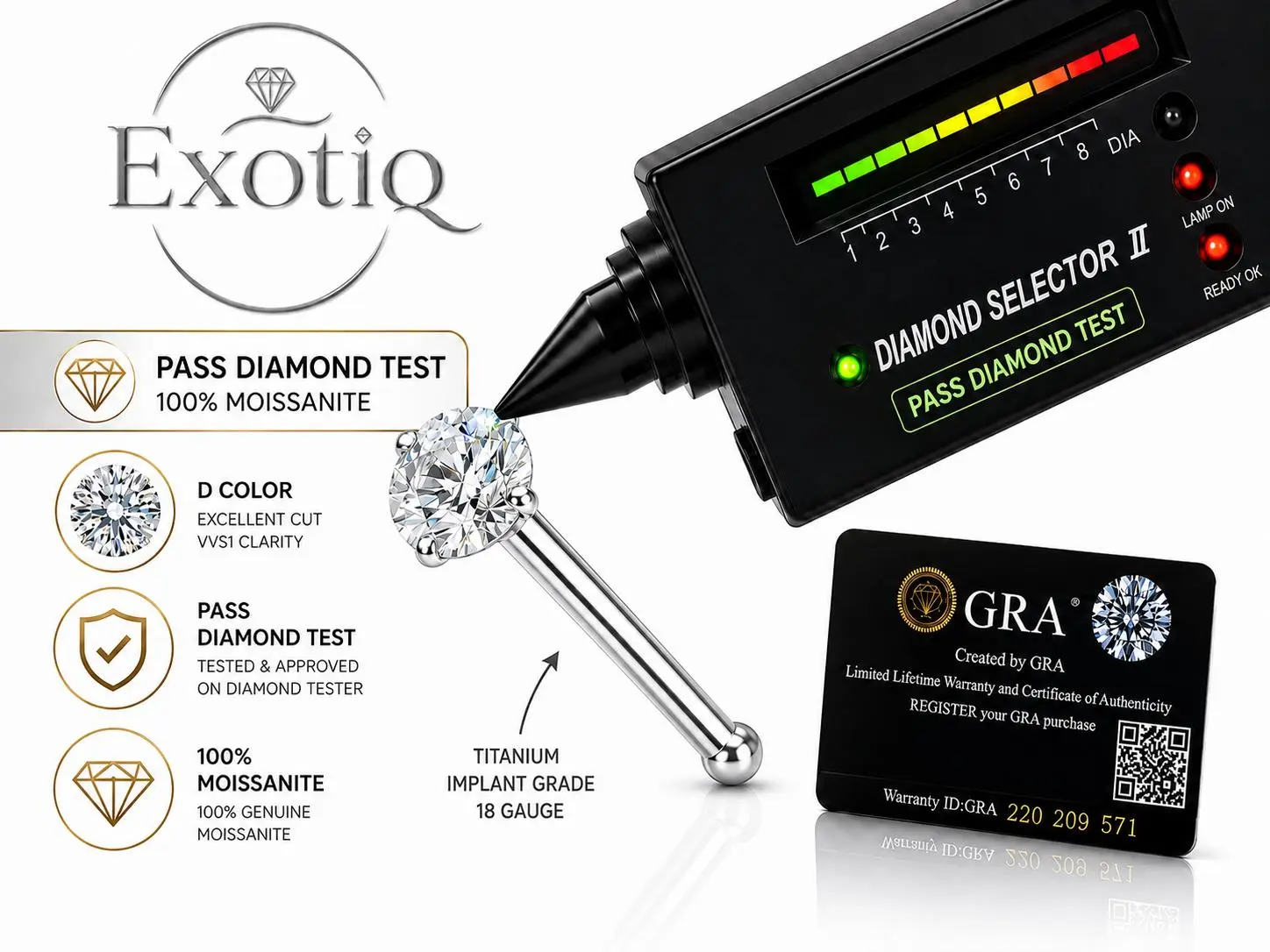 18G Moissanite Titanium Nose Stud-Ring with Ball-End Shape, GRA Authenticity Certificate