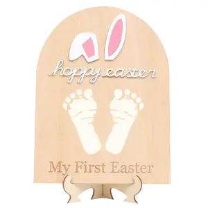 Easter Footprint Wood Board DIY Milestone Memorial Plaque, Baby Easter Craft Kit, Cute Bunny Design, First Easter Party Decoration