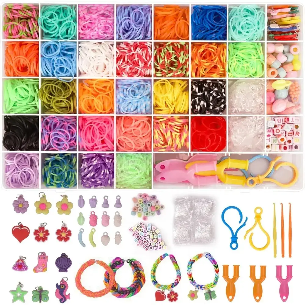 3000+ Stretchy Rubber Band Bracelet Kit with Storage Box, Jewelry Making Set with Charms & Beads for Beginners, Holiday Party Rubber Band Accessories Gift
