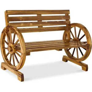 Outvita Best Choice Products 2-Person Wooden Wagon Wheel Bench for Backyard, Patio, Porch, Garden, Outdoor Lounge Furniture w/Rustic Country Design, Slatted Seat and Backrest - Natural Summervibes