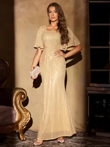 Women's Glitter Sequins Square Neck Maxi Formal Wear Evening Dress, Fashion Elegant Ruched Evening Party Gown, Ladies Clothes for All Seasons