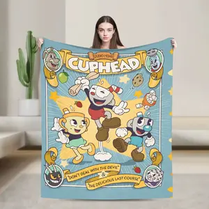Cuphead Decorative Blanket, Mugman Cartoon Print Plush Flannel Throw Blanket, Super Soft Warm Novelty Bedding for Home Decor Bed Cover