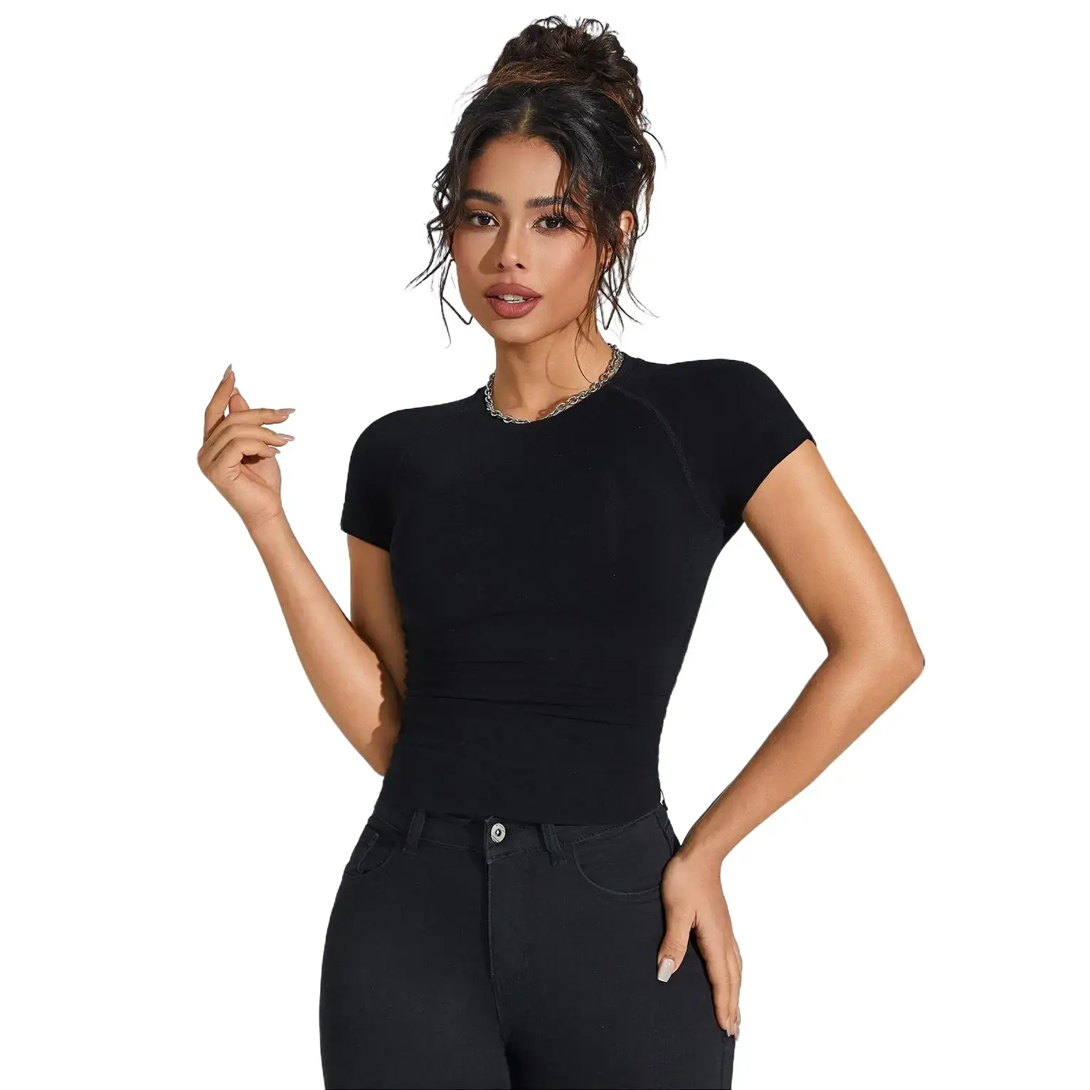SUPRENX Soft Light Seamless Crew Neck Short, Black Tight Fitting Comfort Shaper T-shirt, Summer Womenswear Short Sleeve Top, Snatched Waist
