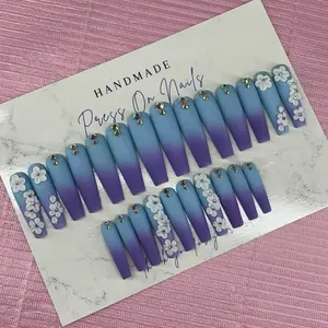 Extra long coffin press on nails blue purple ombré matte acrylic Flowers