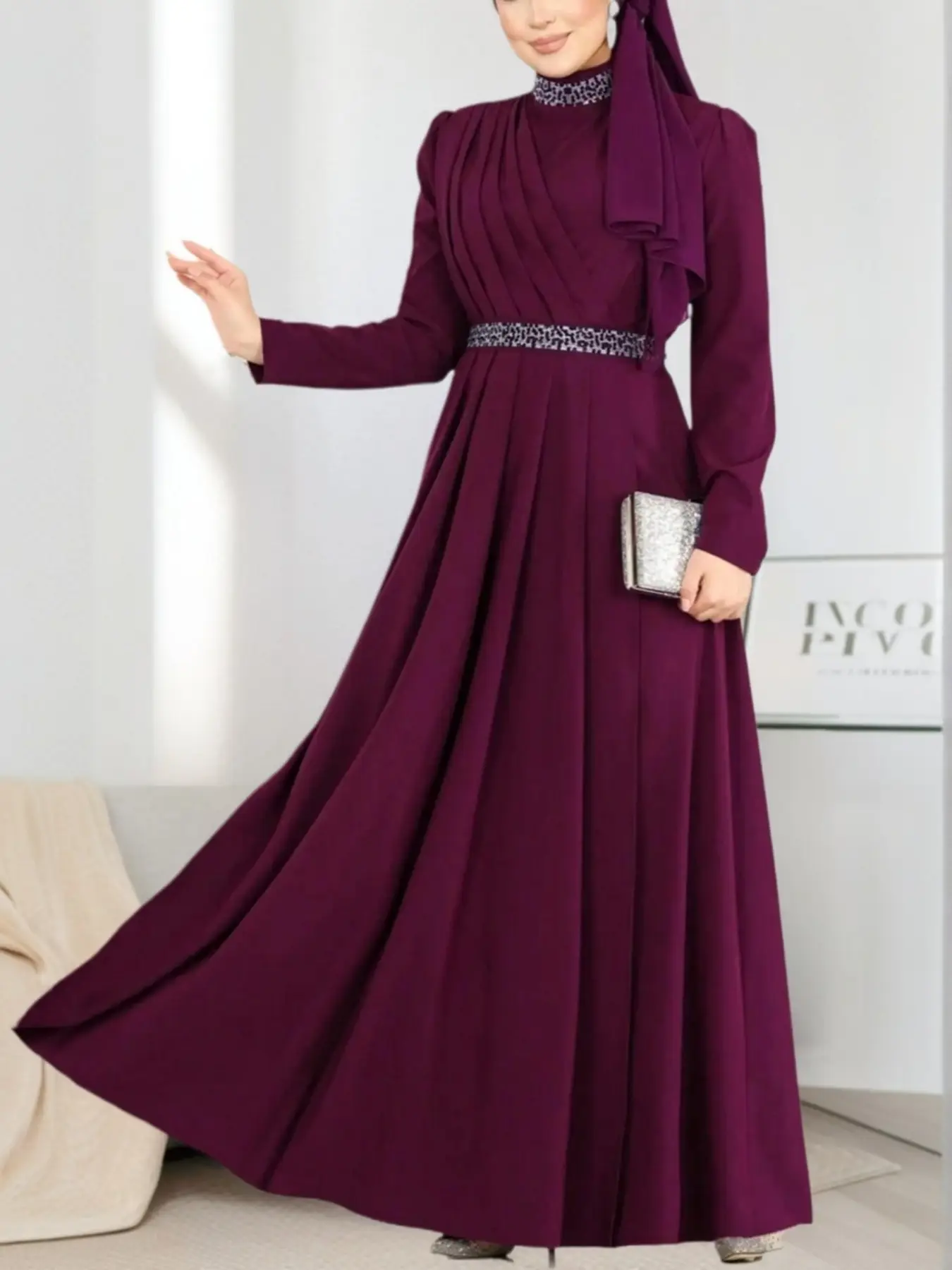 Elegant Women's Long Sleeve Dress, Modest Fashion Woven Fabric, All Season Loose Fit Waist Belted Design, Plain Style