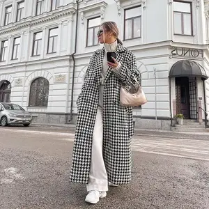 2025AutumnWinterNewWomen'sClothingHoundstoothLongTrenchCoatHigh-endFashionOvercoatBlackandWhiteMatureStyleJacketforWomen