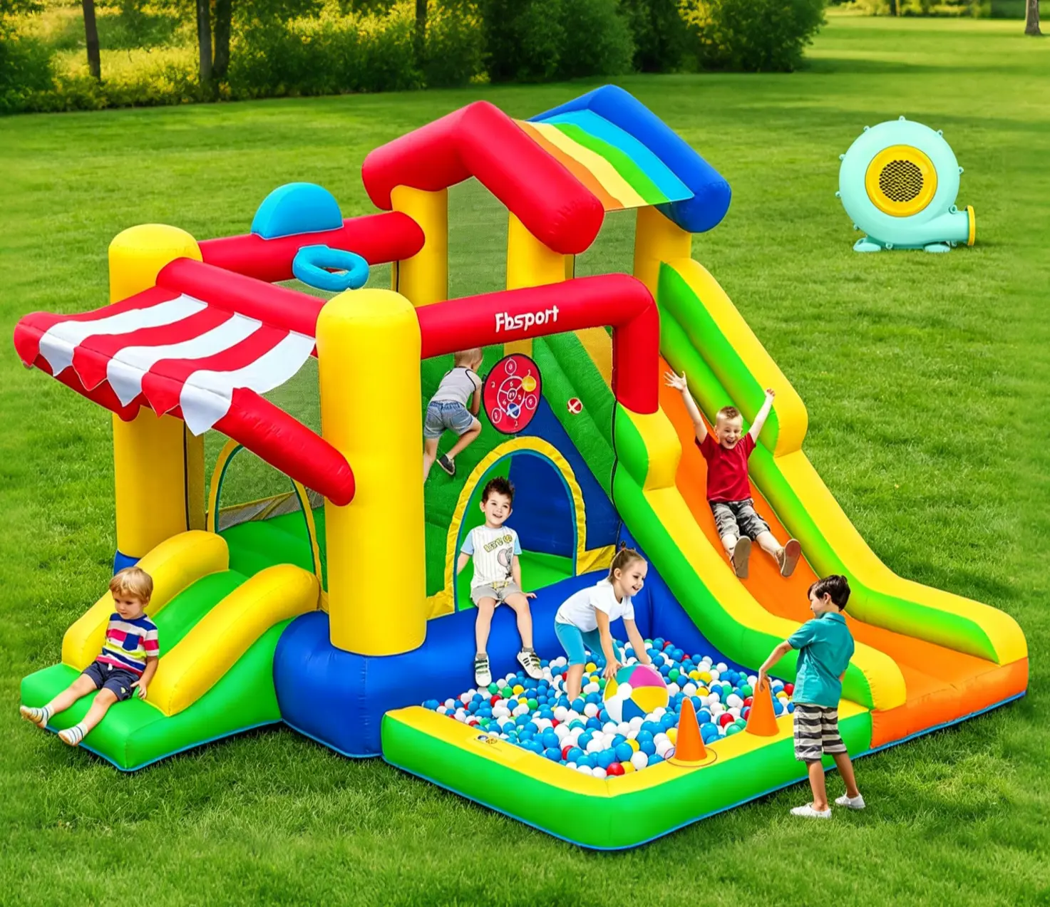 FBSPORT Inflatable Bounce House with Slide for Kids, Indoor and Outdoor Blow up Bouncy House Bouncer Castle with Ball Pit, Jumping Area, Climbing Wall, Ball Shooting, Ring Toss, Basketball Hoop