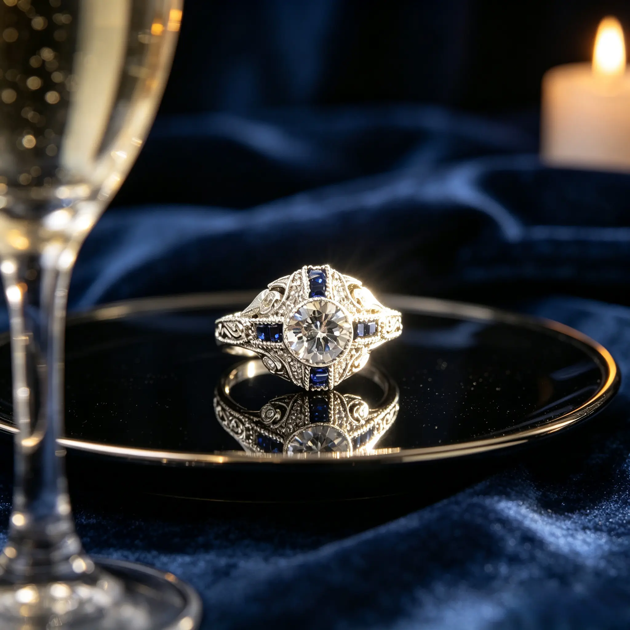 Retro oval cut blue synthetic zircon ring, exquisite hollowed out floral band design ring, Edwardian style women's ring - ideal anniversary commemorative birthday wedding promise gift for wife and girlfriend