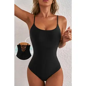 Dearlove Black Thin Strap Strappy Lace-up Open Back One Piece Swimsuit