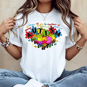 Autism Puzzle Pieces And Inspirational Words Printed T Shirt Casual Loose Fit For Autism Awareness And Everyday Wear