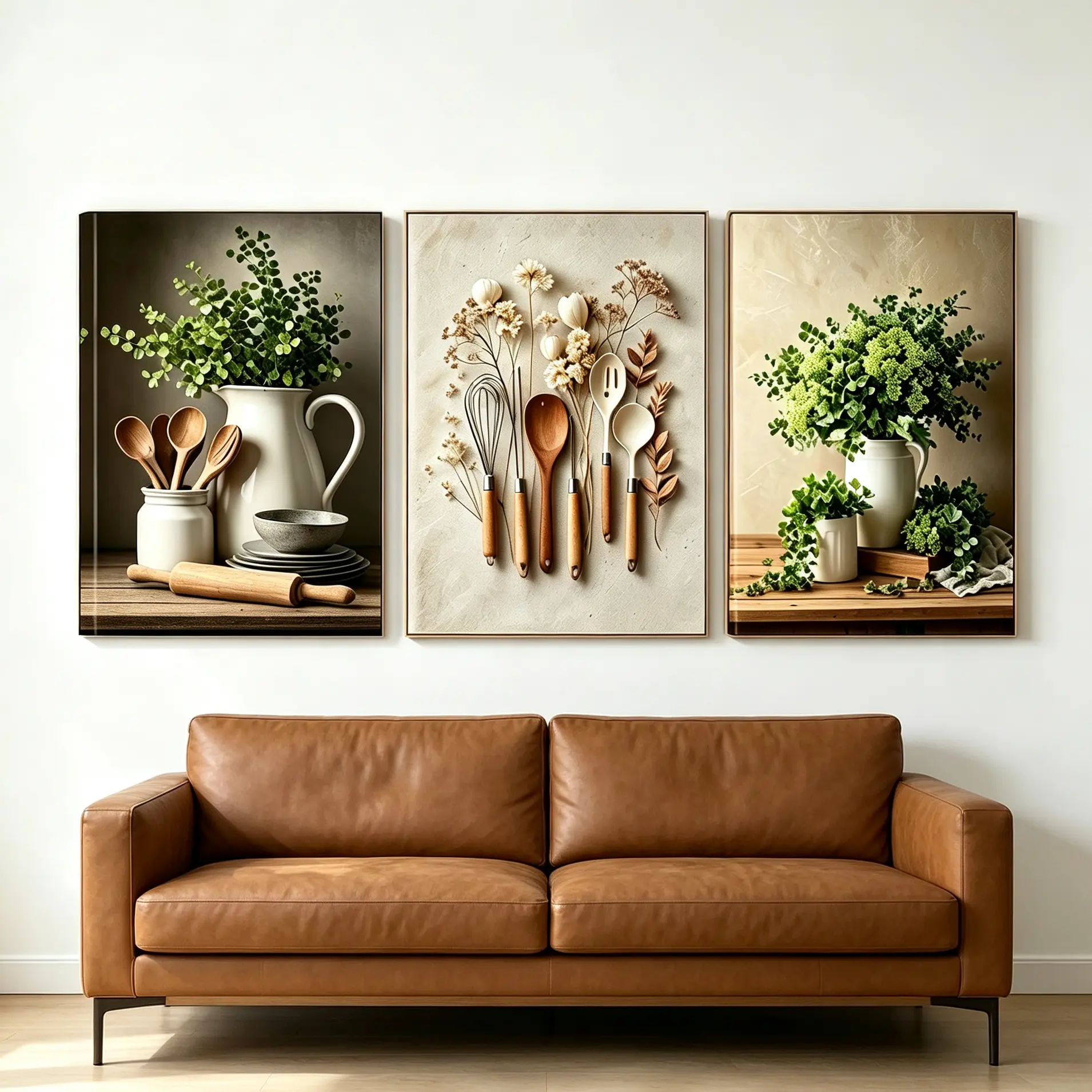 Framed 3 Piece Vintage Kitchen Utensils Canvas Wall Art, Retro Farmhouse Eucalyptus Green Plant Decor Posters, Neutral Elegant Kitchen Wall Hangings, Modern Art Prints for Dining Room Cafe Home Decoration