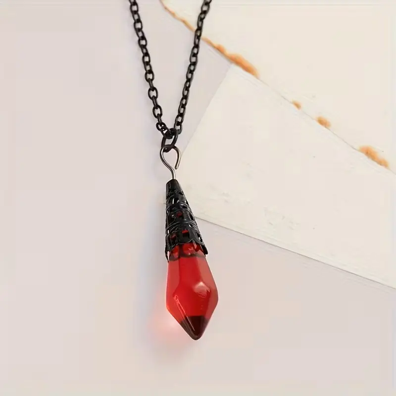 Gothic Crystal Pendant Necklace Witchy Jewelry Vampire Necklace Dark Academia Goth Aesthetic Cosplay Pendant Fantasy Crystal Charm Vintage Style Witchcore Jewelry Pagan Occult Necklace Gift for Women Men Alternative Fashion Accessories Amulet Charm