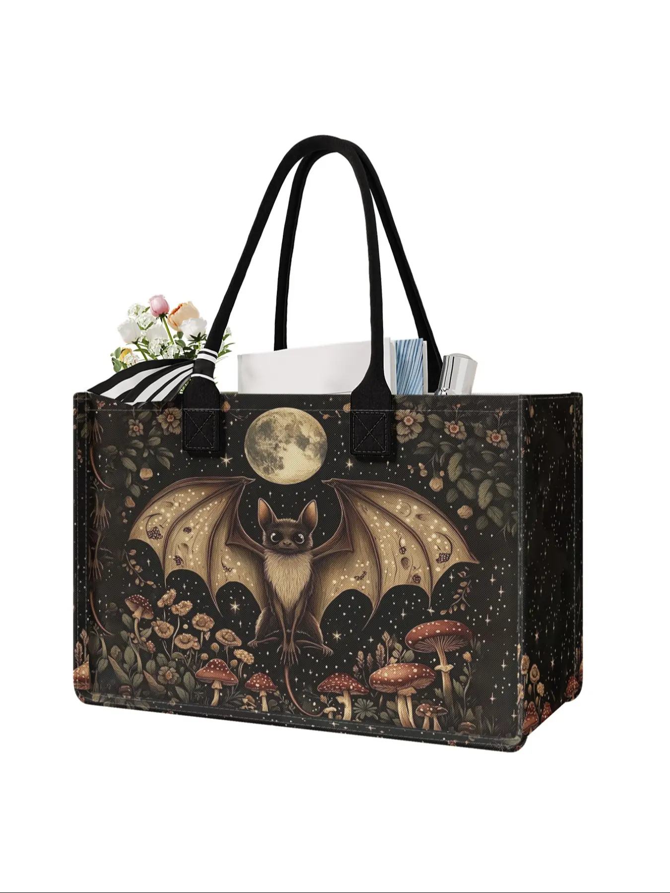 Bat Print Large Capacity Storage Bag, Lightweight Casual Shopping Bag, Super Size Organizer with Durable Handle, Space Saving Multi-Purpose for School, Travel, Shopping, Reusable Bag, Storage Totes