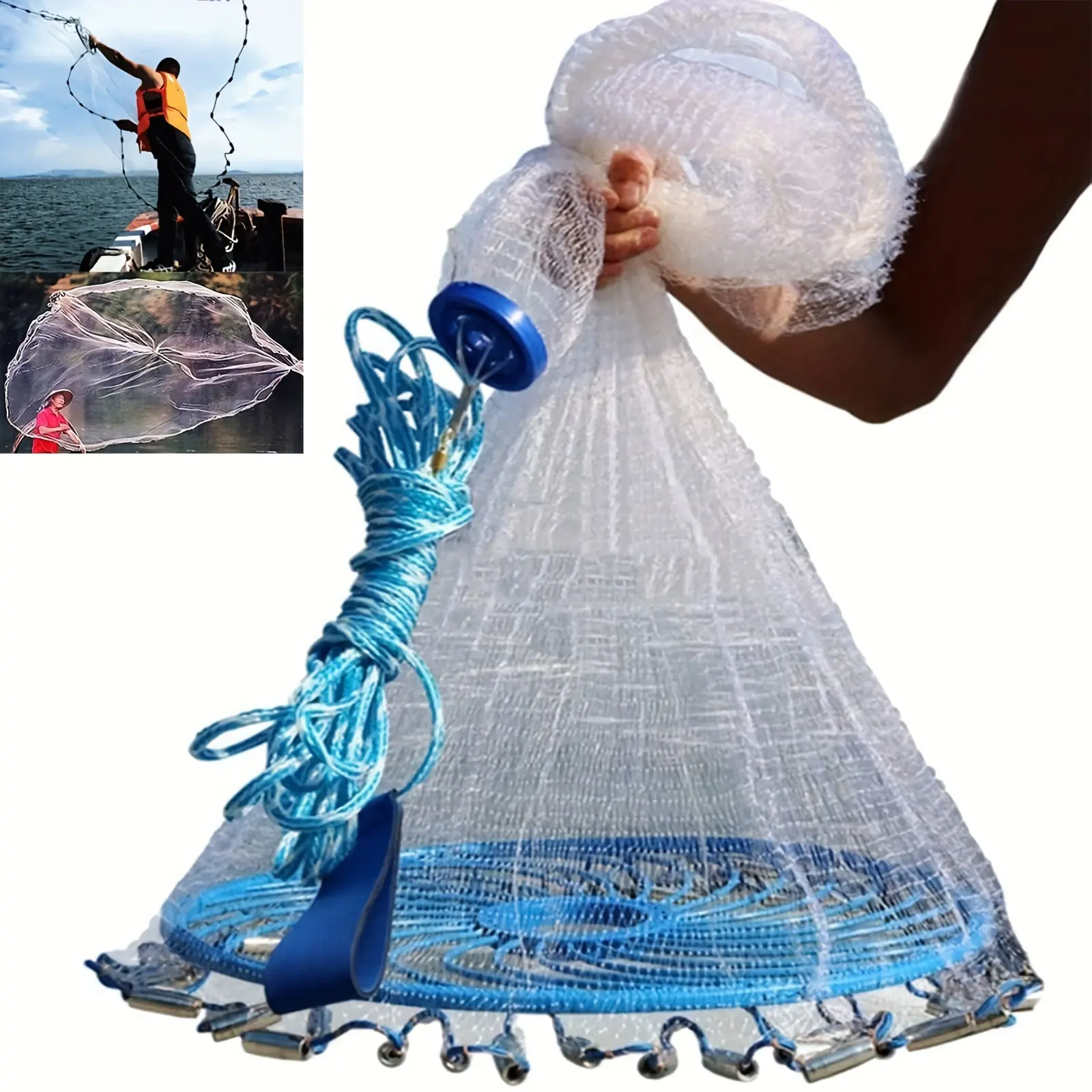 American seawater freshwater fishing net-Hand thrown net-Frisbee fishing net-bait, shrimp cage, fish cage - Equipped with heavy-duty sinker - Hand thrown net radius optional 4FT/5FT/6FT/7FT/8FT-tool for outdoor fishing, Easter/Christmas/Father's Day gifts